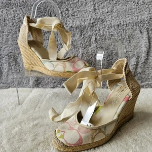 Coach Women Mindy Scribble Print Espadrille Wedge Heels Size 7M Beige Ankle Tie - Picture 1 of 6