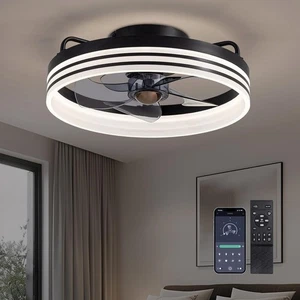 15.7" Low Profile Ceiling Fan with Light & Remote, 6 Speeds, Dimmable, Black - Picture 1 of 10