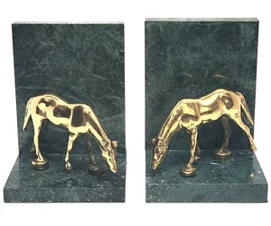 Par de sujetalibros de caballo de latón - caballo de latón montado en mármol verde - juego de 2 - Imagen 1 de 12