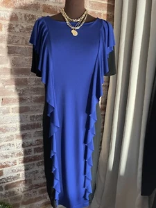 Simonton Says George Simonton Blue Black Stretch Ruffle Midi Slip Dress Medium - Picture 1 of 7