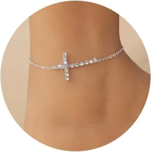 Silver Ankle Bracelets for Women, Adjustable Rhinestone Pendant Tennis Anklet, B - Picture 1 of 7