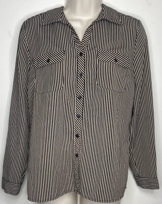 NY Collection Striped Button Down Blouse Top PM Tan Black Pockets Long Sleeves - Image 1 of 4