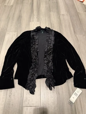 VTG RALPH LAUREN Ruffle Blouse Top Black Velvet Green Label Collection NEW Sz 10 - Image 1 of 4