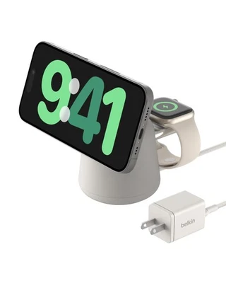 Belkin 2-in-1 MagSafe Wireless Charger – 15W Fast Charge, iPhone & AirPods, Sand - Image 1 of 4