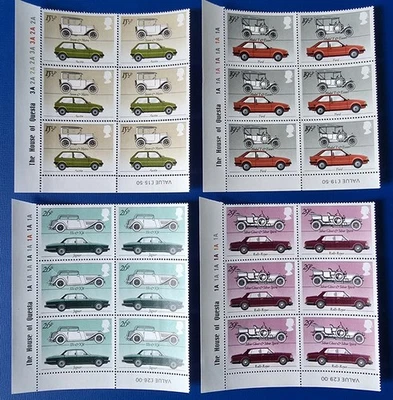GB 1982 SG1198-01 BRITISH MOTOR CARS FULL SET X 4 COLOUR CODED BLOCKS X 6 MNH - Image 1 of 2