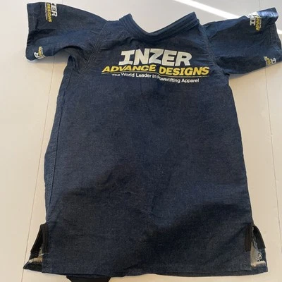 Inzer Standard Denim Bench Shirt 48 Blue Partial Open Back with 4 Straps (Used) - Image 1 of 4