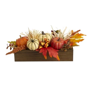 16-in Harvest Pumpkin and Berries Artificial Arrangement in Wood Vase - Picture 1 of 2