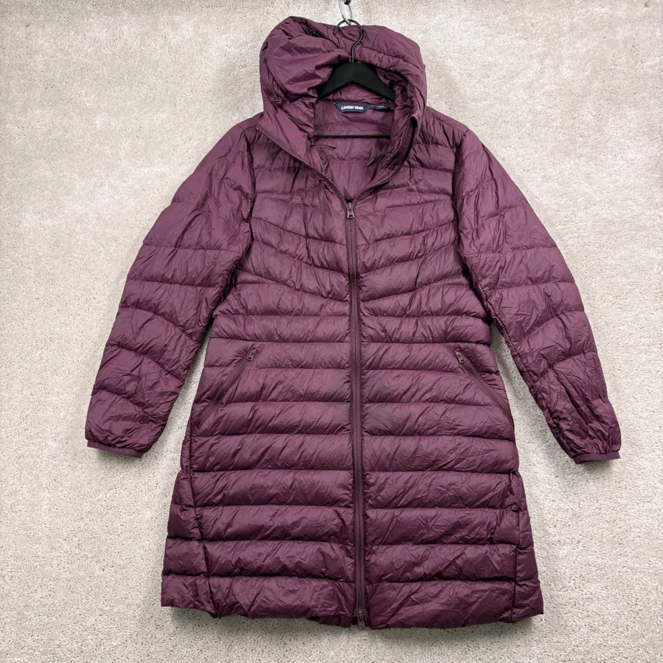 Lands' End Puffer Parka Womens Size Medium Petite Purple Hooded Down Zip Pockets - Image 1 of 4