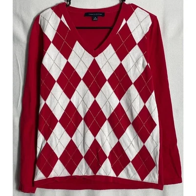 Tommy Hilfiger Suéter Mujer Talla M Rojo Blanco Cuello en V Manga Larga 100% Algodón Foto 1 de 4