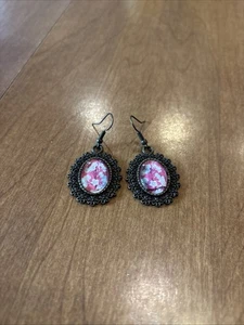 Antique Like Jewelry Earrings Oval Floral Bronze Metal Fish Hook PinkBlue Flower - Picture 1 of 4