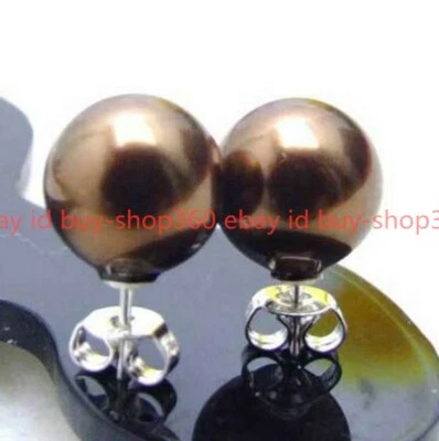 10mm Round Brown Sea Shell Pearl Earring for Women Jewelry 925  Sterling Silver - Image 1 of 4