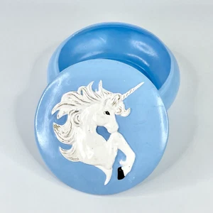 Vintage Keramik blau Deckel Schmuck Geschirr Runde Aufbewahrungsbox mit Einhorn auf Deckel - Bild 1 von 23