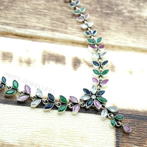 Green Onyx Blue Onyx & CZ Necklace 925 Sterling Silver Handmade Jewelry - Picture 1 of 7