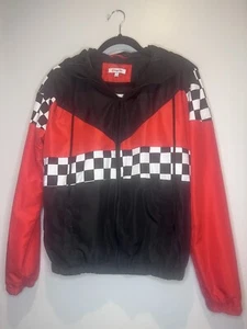 Orange Kiss Racing Windbreaker Jacket Black Red Checkered Hoodie, Size Med - Picture 1 of 10