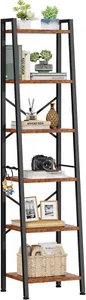 6 Tier Ladder Shelf Bookcase, Tall Ladder Bookshelf Narrow with 2 Hooks, Industr - Picture 1 of 8