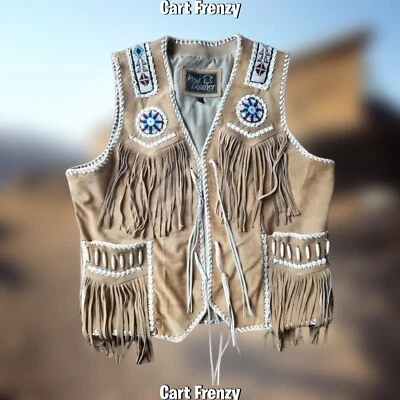 Men's Leather Braided Vest with Indian Beaded Native American Western Wear Style - Image 1 of 4