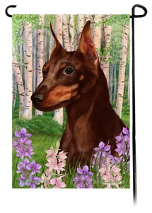 Spring Flowers Garden Flag - Cropped Chocolate and Tan Miniature Pinscher - Picture 1 of 1