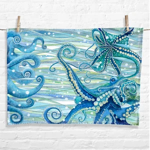 Octopus Tea Towel - Coastal Kitchen. Nautical Ocean Seaside Watercolour Art - Picture 1 of 8