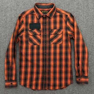 Camisa Harley Davidson Para Hombre Pequeña Naranja Negra Hoja de Roble Cuadros Delgada Manga Larga HD Foto 1 de 4