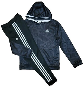 Adidas Youth Large (14-16) Black Joggers & AOP Logo Printed Fleece Hoodie Outfit - Picture 1 of 10