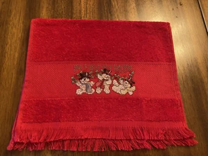 COMPLETED CROSS STITCH FINGERTIP TOWEL RED WITH SNOWMEN HANDSEWN BY SELLER - Picture 1 of 2