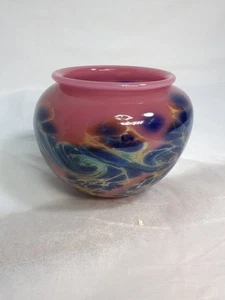 Art Glass Vase Cobalt Blue Pink Iridescent Gold Swirl Signed JR Grossman 1997 - Picture 1 of 6