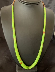 Native Navajo Green Gaspeite Shell Sterling Silver Necklace 22" 11466 - Picture 1 of 12