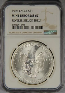 1996 Silver Eagle Dollar Mint Error NGC MS67 Reverse Struck Thru $1 - Picture 1 of 4