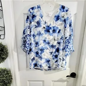 Calvin Klein Blue White Floral Print Bell Sleeve V-Neck Blouse Size S - Picture 1 of 12