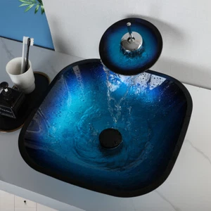 17” Square Bathroom Glass Sinks Black Blue Basin Bowl With Faucet and Drain Set - Bild 1 von 11