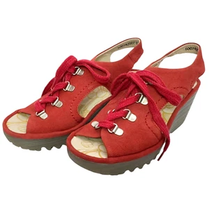 FLY LONDON Wedge Open Toe Red Shoes Sandals Women's Size EU 36 US 5.5 Lace Up - Picture 1 of 11