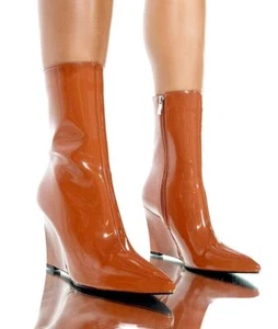 2022 Women's Brown White Patent Leather Wedge Boots Pointed Toe Mirror Pu Boots - Bild 1 von 13