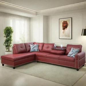 Leather Sectional Couch Sofa, Modern Nail-Head Design L Shaped Sectional Sofa fo - Picture 1 of 12