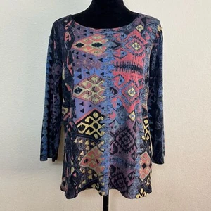 Katina Marie shirt women XL geometrical 3/4 sleeve scoop neck blue red yellow - Picture 1 of 8