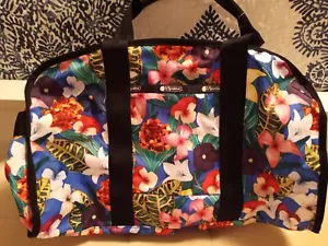 Borsone in nylon LeSportsac Bergen weekend in giardino floreale tropicale blu nuova con etichette - Foto 1 di 8