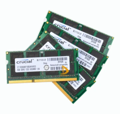 Crucial 4X 8GB 2Rx8 PC3-10600S DDR3 1333Mhz SODIMM Laptop Memory RAM Low Density - Image 1 of 4