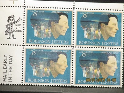 The listing:(1)USPS 8¢ 1973 Robinson Jeffers Zip Block of 4 Stamps-MNH-See Photo - Image 1 of 4