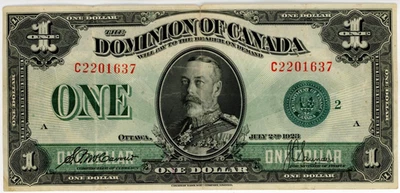 1923 Dominion of Canada $1 Banknote, Green Seal - DC-25j, S/N: C2201637/A - Image 1 of 3