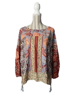 Anthropologie Mixed Print Blouse Long Sleeve Tassels Dropped Yoke LARGE Stunning - Picture 1 of 6