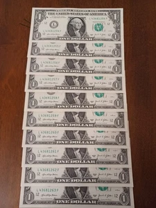 ONE DOLLAR BILLS CONSECUTIVE NUMBERS UNCIRCULATED BILLS 2021 10 BILLS - Picture 1 of 5