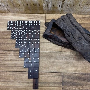VTG Wood Hand Made Ironwood Dominos Set of 28 Tiles Rustic Log Case Complete - Picture 1 of 14
