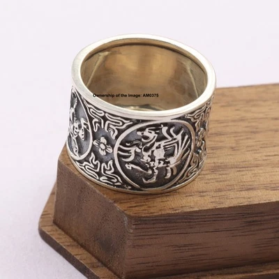 Solid 999 Fine Silver Band Chinese Divine Beasts Pattern Lucky Ring Size 7 - Image 1 of 4