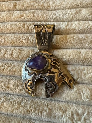 Native American Navajo Sterling Silver  Charoite Bear Pendant by J Delgarito  - Image 1 of 4