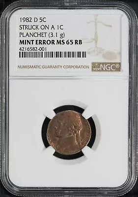 1982-D Jefferson 5C Struck on 1C Copper Planchet (3.1 g) NGC MS-65 ERROR - Image 1 of 2