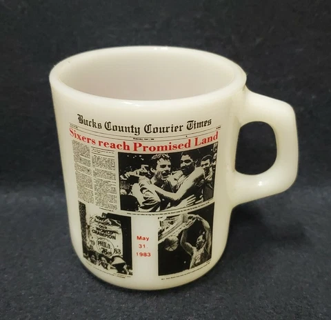 PHILADELPHIA 76ERS 1983 NBA FINALS CLEAN SWEEP MUG WITH NEWSPAPER PHOTO ON IT Cover