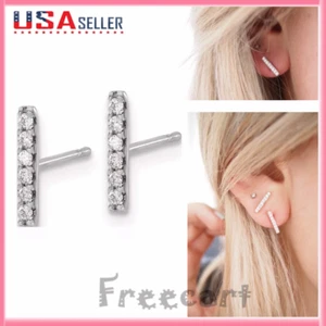 Elegant 925 Sterling Silver Earrings Minimalist Cubic Small Line Men Women Gift - Picture 1 of 8