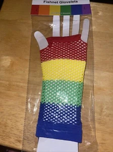 RAINBOW FISHNET ARM WARMERS raver costume pride cyber fingerless gloves 5V - Picture 1 of 8