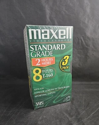 Maxell VHS T160 grado estándar - paquete de 3 cintas de casete de video en blanco de 8 horas nuevas Foto 1 de 4