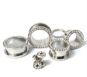 PAIR Clear CZ Gem Rimmed 316L Surgical Steel Screw Fit Tunnels Plugs Gauges - Picture 1 of 5