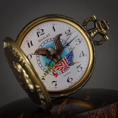 🇺🇸 1980's Ronald Reagan 40th President Swiss Quartz Pocket Watch Box & Chain - Image 1 of 4